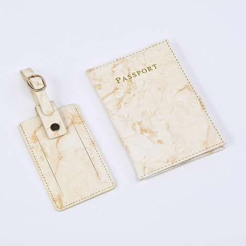 Passport Holder And Luggage Tag Marble Pattern PU Leather Travel Accessories Protective Cover Elegant Minimalist