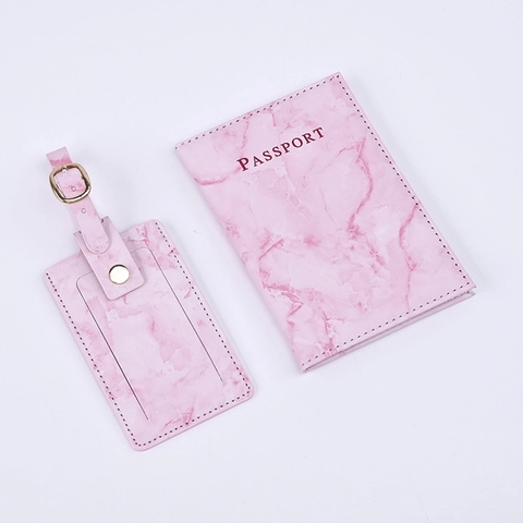 Passport Holder And Luggage Tag Marble Pattern PU Leather Travel Accessories Protective Cover Elegant Minimalist