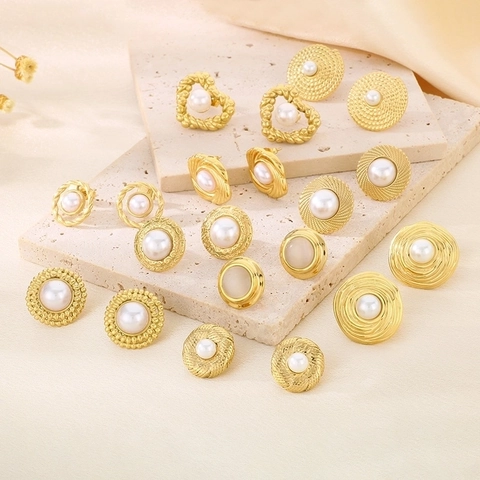 Vintage Stainless Steel Artificial Pearl Stud Earrings For Women Gold Silver Plated Elegant Round Heart Geometric Earrings Jewelry