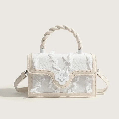 Women Crossbody Bag Distressed Fringed Fabric And PU Leather Small Square Handbag With Flower Buckle Twisted Handle Chic