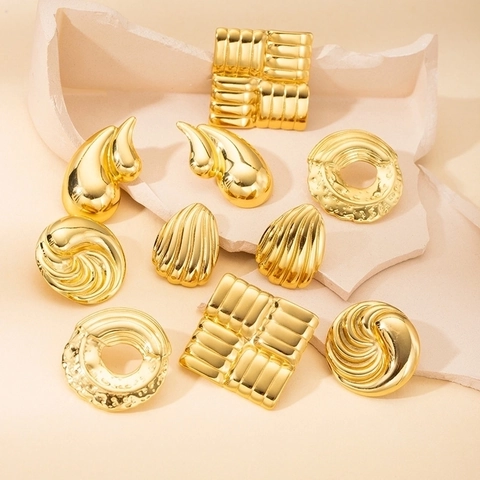 Stud Earrings Gold Plated Stainless Steel Geometric Textured Shell Teardrop Round Square Vintage Jewelry For Women