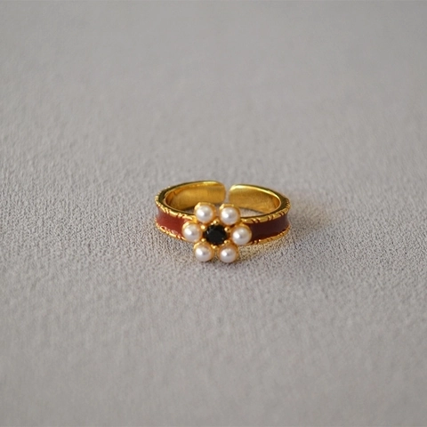 Vintage Messing Vergoldet Rot Emaille Blume Offener Ring Für Damen Eleganter Künstliche Perle Schwarzer Zirkonia Verstellbarer Fingerring Schmuck
