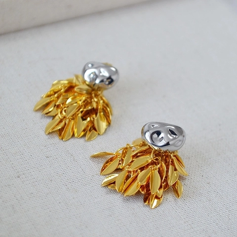 Modern Brass Leaf Tassel Stud Earrings With 925 Sterling Silver Earring Post Two Tone Irregular Geometric Drop Earrings Women Jewelry