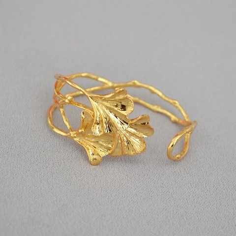 Französisch Vintage Gebürstetes Ginkgoblatt Offener Armreif Messing 18K Vergoldet Verstellbarer Zweig Schmuck Damen