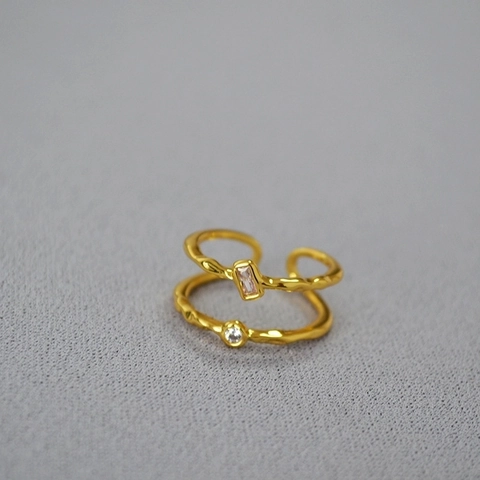 Anello Aperto Minimalista in Ottone Placcato Oro Texture Martellata Doppio Strato per Donna Geometrico Con Zirconia Regolabile