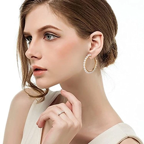 Elegant C-Shaped Artificial Pearl Hoop Earrings Gold Plated Copper Earrings With 925 Sterling Silver Earring Post For Women Jewelry