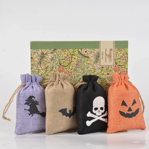 Halloween Burlap Drawstring Gift Bags Linen Candy Pouch Pumpkin Skull Bat Spider Pattern Party Favor Storage Reusable
