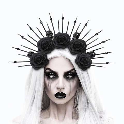Gothic Halo Kroon Hoofdband Zwarte Roos Schedel Zonnestraal Spike Halloween Cosplay Kostuum Accessoire Voor Dames