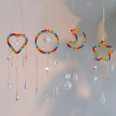 Crystal Suncatcher Hanging Ornament With Golden Metal Rainbow Beads Faceted Prisms For Window Garden Home Decor