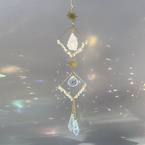 Crystal Suncatcher Hanging Ornament Natural Raw Stone Metal Moon Sun Geometric Rainbow Maker Window Garden Decoration