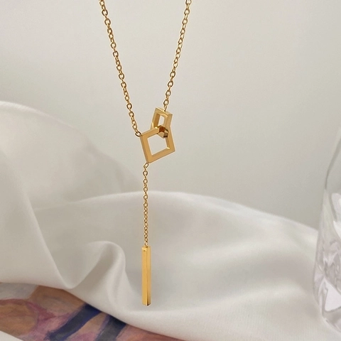 Collana Minimalista Con Ciondolo Quadrato Incastrato Acciaio Inossidabile Catena A Y Geometrica Gioielli Per Donne
