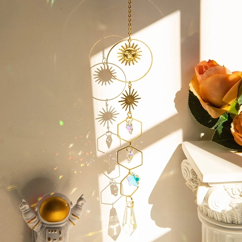 Crystal Suncatcher Metal Prism Hanging Ornament Sun Moon Star Window Decoration Rainbow Maker Boho Garden Home Decor