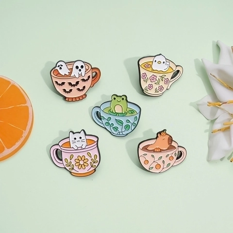 Cartoon Tea Cup Animal Enamel Pin Capybara Frog Cat Ghost Chick Alloy Lacquer Brooch Badge For Clothes Halloween Decor Gift