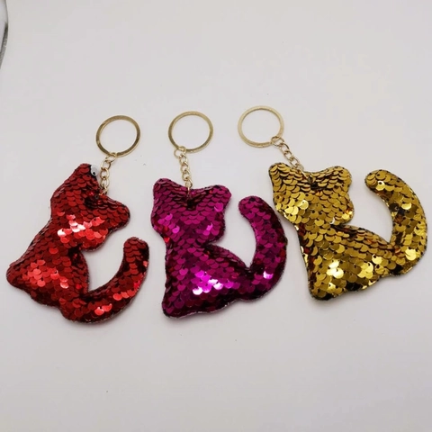 Cute Sequin Cat Keychain Double Sided Reflective Animal Sparkling Bag Charm Car Keyring Accessory