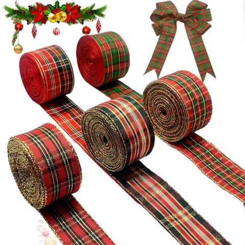 Christmas Plaid Ribbon Gold Wired Edge Tartan Decorative Ribbon For Gift Wrapping DIY Crafts Festive Tree Ornament