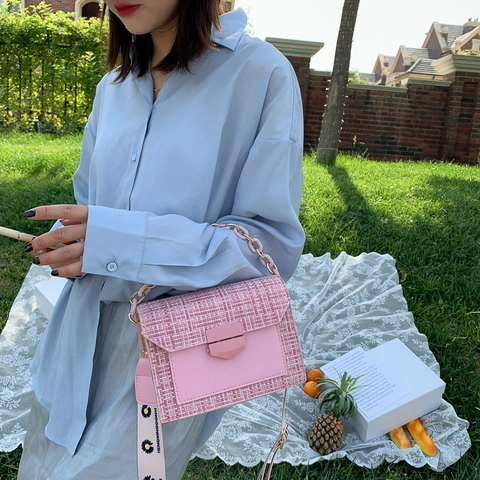 Tweed Crossbody Bag With Daisy Print Wide Strap And Chain Decor Korean Style Flap Square Shoulder Bag For Women