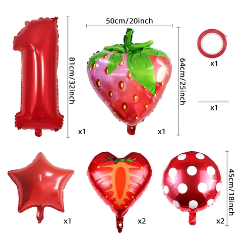 Strawberry Fruit Theme Birthday Party Balloon Kit With Red Number Foil Balloons Polka Dot Balloons For Kids Decor