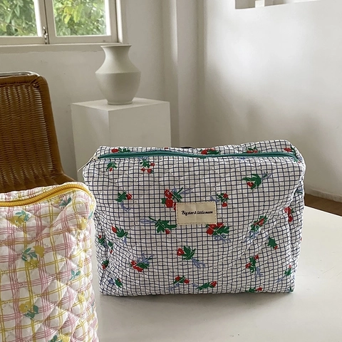 Quilted Cotton Makeup Bag Large Capacity Floral Plaid Cosmetic Pouch Travel Toiletry Organizer Storage Case For Women Cute