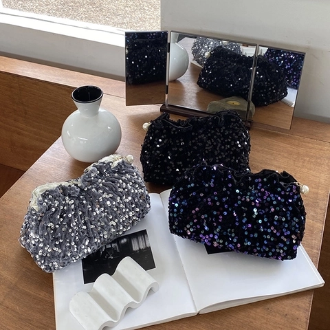 Velvet Sequin Cosmetic Bag Pleated Evening Clutch With Artificial Pearl Zipper Iridescent Makeup Pouch For Women Travel Party
