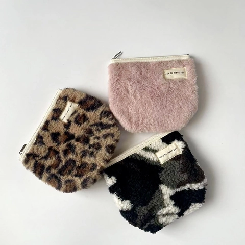 Borsa Per Cosmetici In Peluche Morbido Astuccio Per Trucco In Pelliccia Sintetica Portamonete Con Cerniera Per Donna Contenitore Portatile Motivo Leopardato Scacchiera Alla Moda