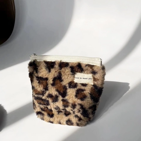 Borsa Per Cosmetici In Peluche Morbido Astuccio Per Trucco In Pelliccia Sintetica Portamonete Con Cerniera Per Donna Contenitore Portatile Motivo Leopardato Scacchiera Alla Moda
