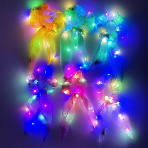 LED Glowing Hair Scrunchies Satin Chiffon Sequin Multicolored Light Up Elastic Hair Ties Night Club Party Festival Accessories