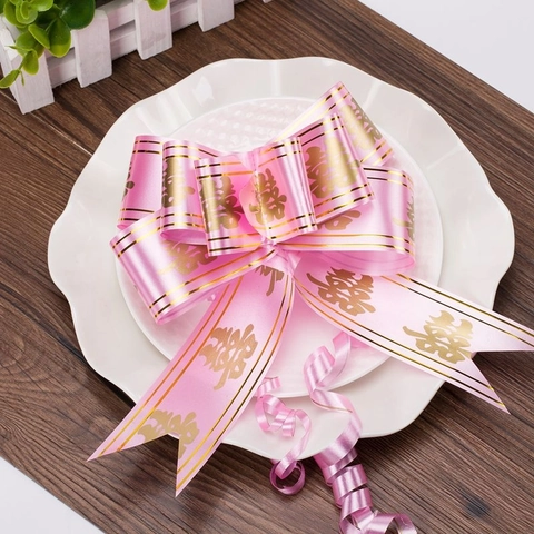 Wedding Pull Flower Bow Ribbon Decoration For Marriage Car Door Gift Box Plastic Double Happiness Heart Floral Print