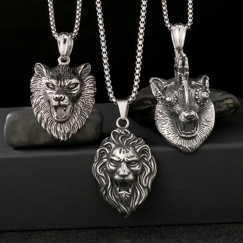 Men Stainless Steel Lion Wolf Bear Animal Head Pendant Necklace Punk Gothic Vintage Biker Jewelry