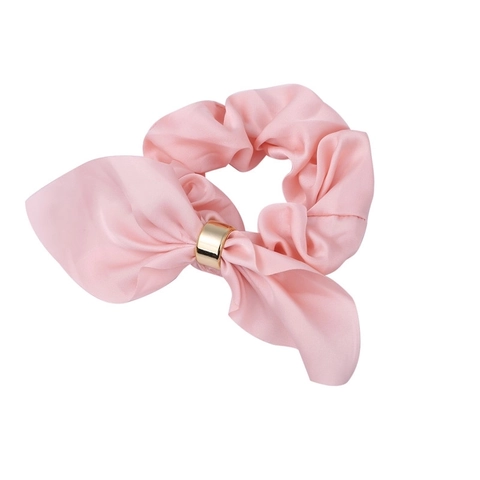 Satin Bow Scrunchie Hair Tie With Metal Ring Ornament Elegant Elastic Ponytail Holder For Women Girls