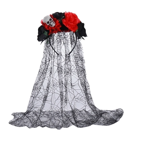 Cerchietto Gotico Halloween Con Decorazione Teschio Rosa Simulazione E Velo Di Pizzo Nero Per Feste Di Cosplay