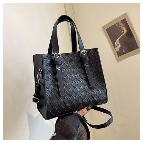 Woven PU Leather Tote Bag Women Small Square Handbag With Adjustable Shoulder Strap Minimalist Office Shoulder Bag