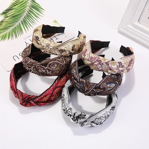 Ethnic Floral Embroidered Knot Headband Bohemian Retro Fabric Wide Hair Band Fashion Women Hair Accessories