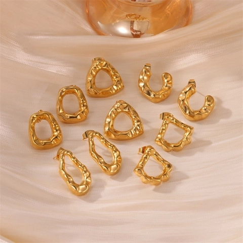 Geometric Stud Earrings Stainless Steel 18K Gold Plated Irregular Hammered Texture Molten Lava Retro Minimalist For Women