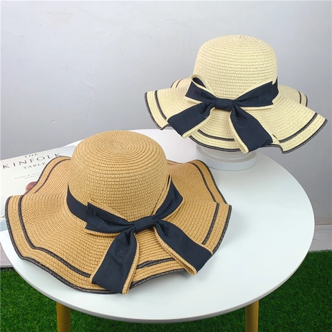 Women's Summer Woven Straw Sun Hat Large Wavy Brim Elegant Bow Ribbon Beach Vacation Sunshade Straw Hat For Outdoor Ladies