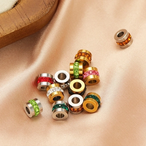 Stainless Steel Rhinestone Large Hole Spacer Beads Gold Plated Cylinder Charms For DIY Bracelet Necklace Jewelry Making