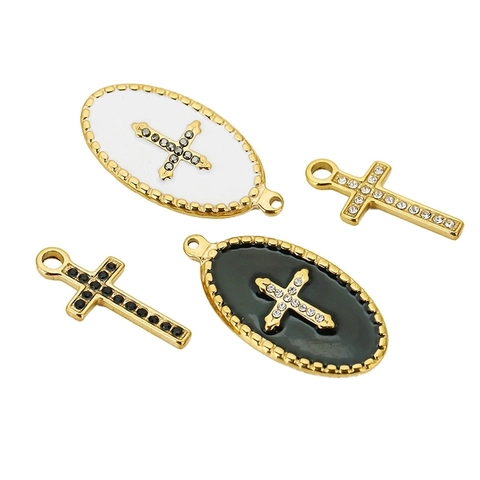 Ciondoli A Croce In Acciaio Inossidabile Smalto Olio Ovale Fascino Strass Zircone Vintage DIY Creazione Gioielli Religiosi