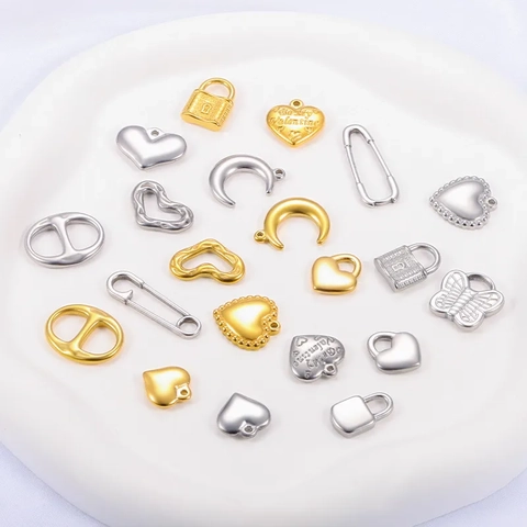 Stainless Steel Pendants Charms DIY Jewelry Making Polished Heart Moon Lock Butterfly Wing Paperclip Oval Shapes