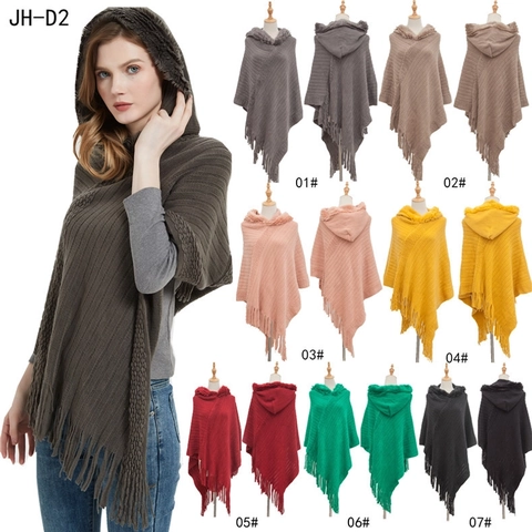 Women Hooded Knitted Poncho Shawl With Faux Fur Trim And Tassels Warm Oversized Solid Color Cape Wrap