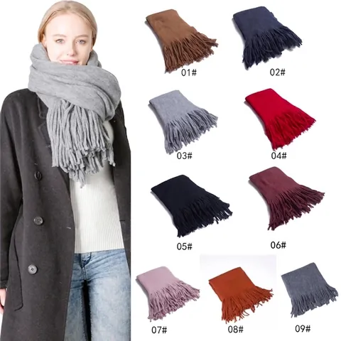 Solid Color Winter Scarf For Men Women Long Tassel Thick Faux Wool Warm Knit Shawl Wrap Casual Commute Fashion Accessory