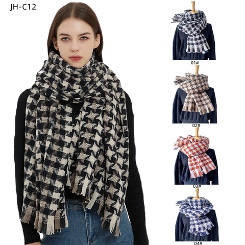 Houndstooth Pattern Winter Scarf Shawl Thick Warm Polyester Imitation Cashmere Plaid With Tassels For Women