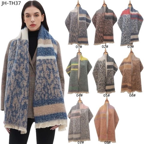 Winter Scarf Men Women Polyester Leopard Print Stripe Spliced Jacquard Long Shawl With Tassels Warm Chic Wrap Fashion