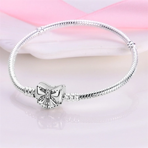 S925 Sterling Silver Butterfly Bowknot Clasp Snake Chain Bracelet Rhinestone Fashion Jewelry For Women Hand Chain Gift