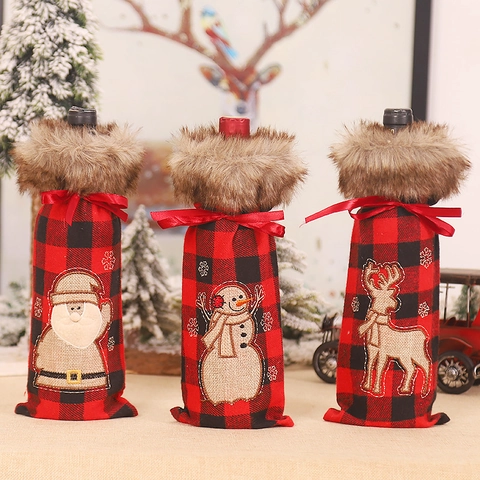 Christmas Wine Bottle Covers Red Black Plaid Faux Fur Collar Santa Snowman Reindeer Festive Dinner Party Table Decoration