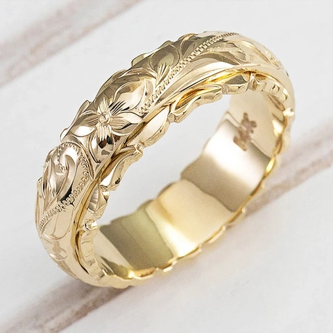 Hawaïaanse Scroll Ring Met Bloem Snijwerk Koper Geëlektroplateerd Sieraden Trouwdag Cadeau Voor Vrouwen