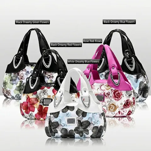 Women Floral Print PU Leather Handbag Retro Style Large Capacity Multiple Pockets Top Handle Bag Elegant Daily Carry