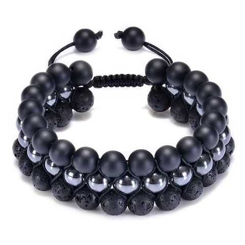 Triple Row Natural Stone Bracelet Lava Rock Matte Agate Hematite Adjustable Handmade Beaded Jewelry For Men Women