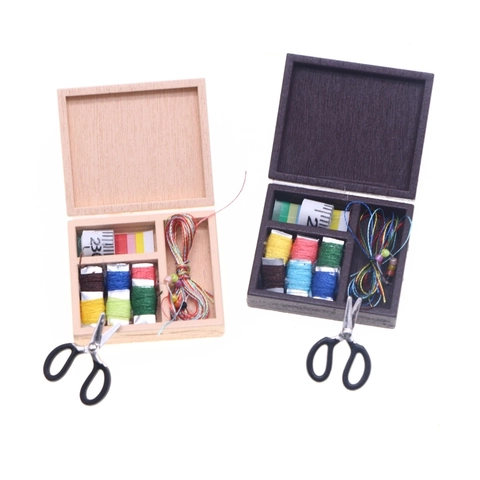 Dollhouse Miniature Wooden Sewing Box Model Accessories BJD Doll House Scene Tiny Micro Sewing Tool Set Home Decor