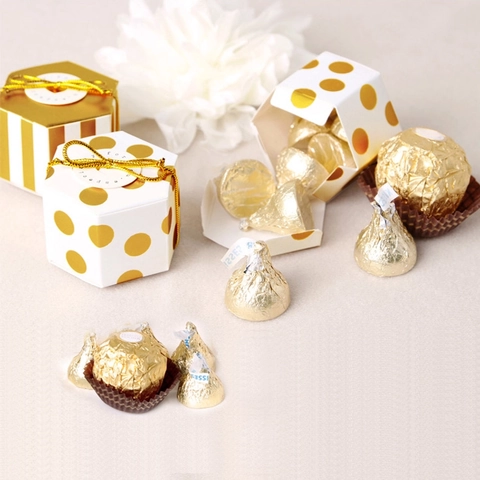 Hexagon Gift Box Mini Candy Favor Boxes Gold Foil Stripes Dots Folding Cardboard For Wedding Birthday Party Celebration