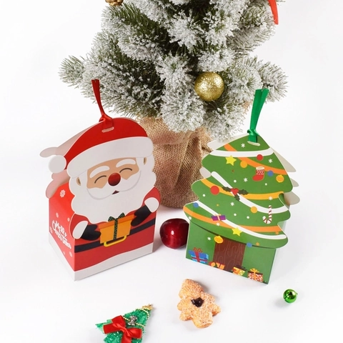 Scatola Regalo Di Natale Confezione Per Mela Caramellata Carta Con Manico In Nastro Babbo Natale Forma Albero Di Natale