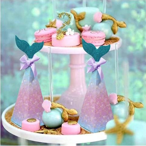 Mermaid Theme Party Candy Boxes With Glitter Tail And Ribbon Bow Gradient Scales Cardboard Favors For Wedding Birthday